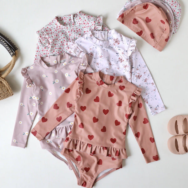 Toddle/Kid Girl Floral/Hearts Design Long Sleeve Onesie Swimsuit (4 Designs)