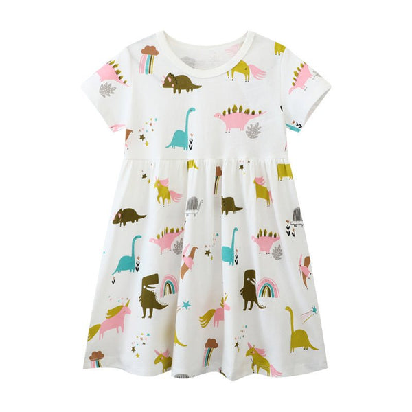 Toddler/Kid Girl's Short Sleeve Dinosaur with Unicorn Print Design Dress