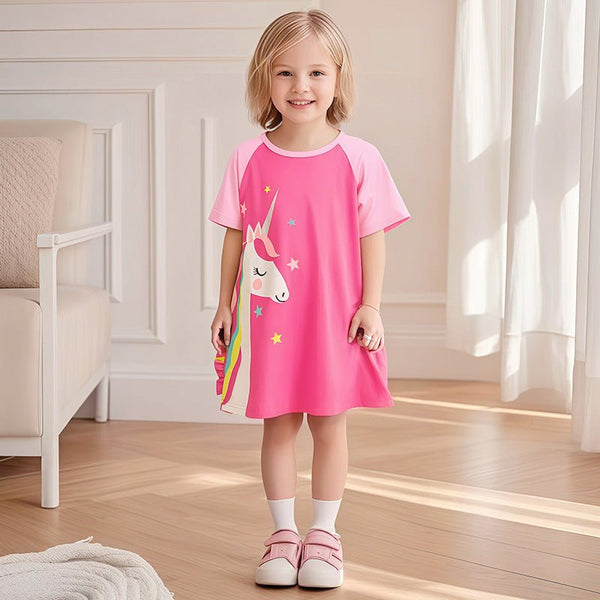 Toddler/Kid Girl Pink Unicorn and Stars Print Dress