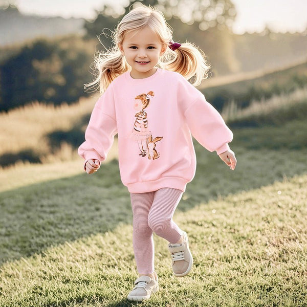 Toddler/Kid Girl Cute Little Girl and Bunny Doll Print Design Sweatshirt and Leggings Set