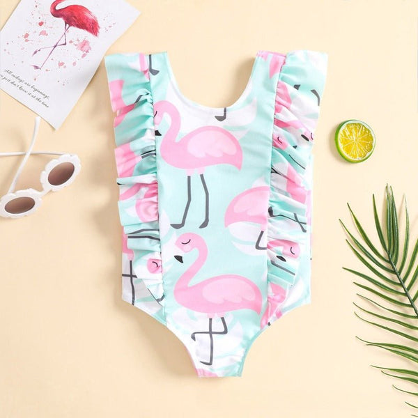 Toddler/Kid Girl Flamingos Print Ruffled Design Light Green Swimsuit