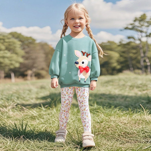 Toddler/Kid Girl Deer Embroidered Blue Sweatshirt and Leggings Set