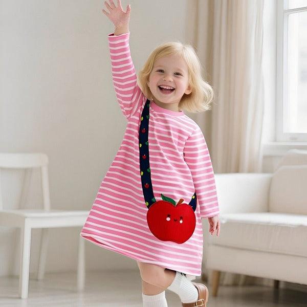 Toddler/Kid Girl Long Sleeve Apple Embroidery Design Pink Dress