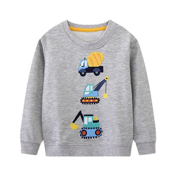 Toddler/Kid Boy Cartoon Three Excavators Embroidery Design Gray Sweatshirt