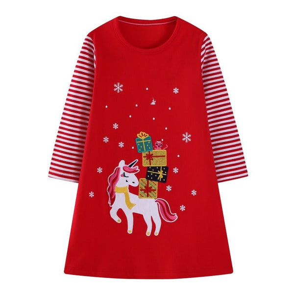 Toddler/Kid Girl Long Sleeve Christmas Gift Print Design Red Dress