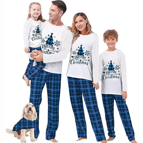 Family Matching Christmas Tree Print Design Blue Pajama