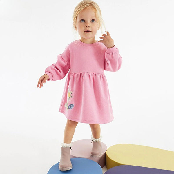Toddler/Kid Girl’s Long Sleeve Rabbit and Sunflower Design Pink Dress