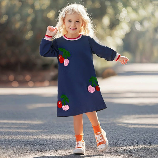Toddler/Kid Girl Long Sleeve Cherry Embroidery Design Dress