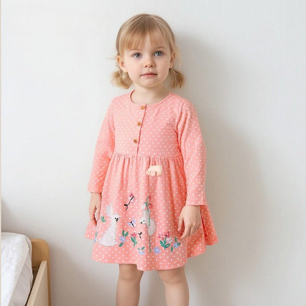 Toddler/Kid Girl Long Sleeve Rabbits Embroidery Design Pink Dress