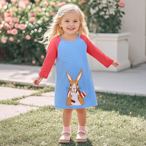 Toddler/Kid Girl Long Sleeve Bunny Embroidery Blue Dress