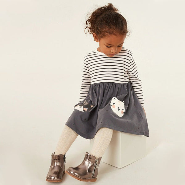 Toddler/Kid Girl Cartoon Cats Embroidery Striped Dress