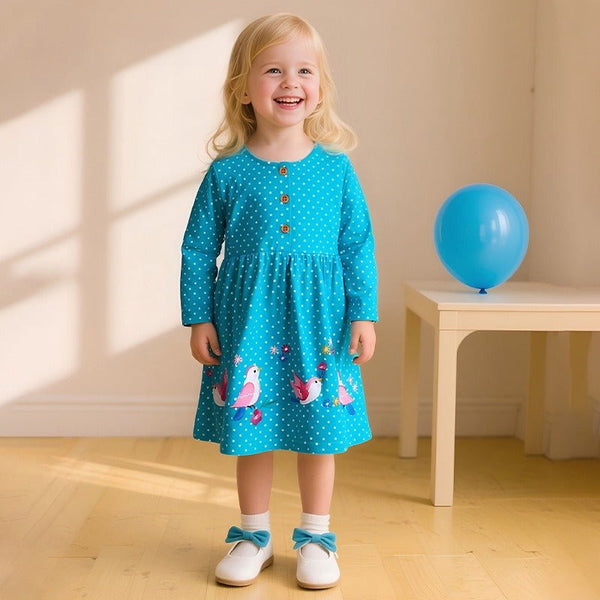 Toddler/Kid Girl Long Sleeve Pink Birds Embroidery Design Dress