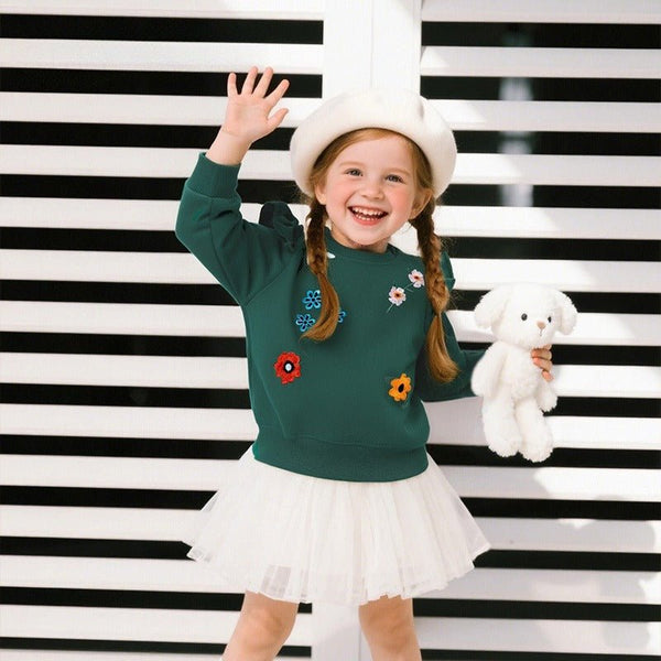 Toddler/Kid Girl Colourful Flowers Embroidery Design Dark Green Sweatshirt
