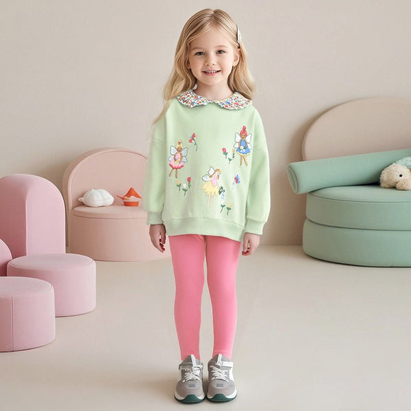 Toddler/Kid Girl Fairy and Flowers Embroidery Design Top and Leggings Set