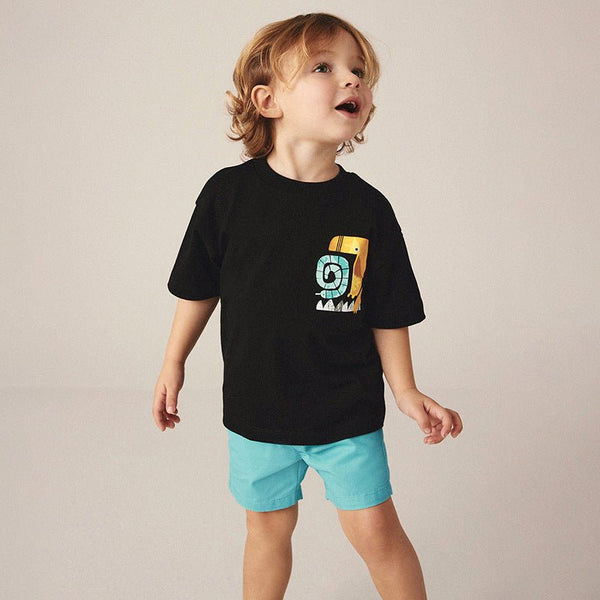 Toddler/Kid Boy Black Cartoon T-Shirt and Blue Shorts Set