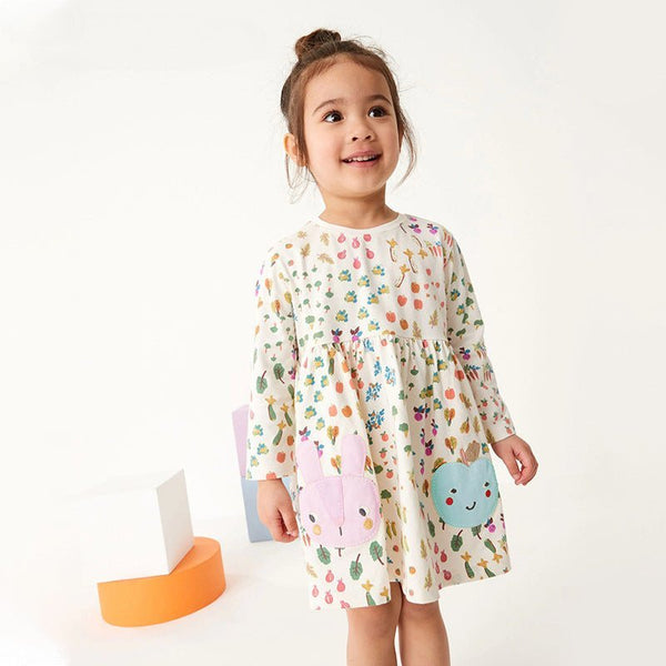 Toddler/Kid Girl's Long Sleeve Cartoon Apple and Rabbit Design Dress