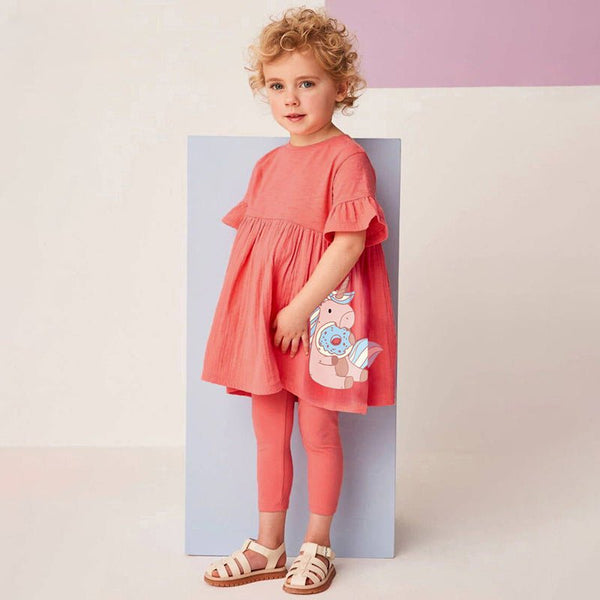 Toddler/Kid Girl's Short Sleeve Unicorn with Doughnut Print Design Dress with Leggings Set