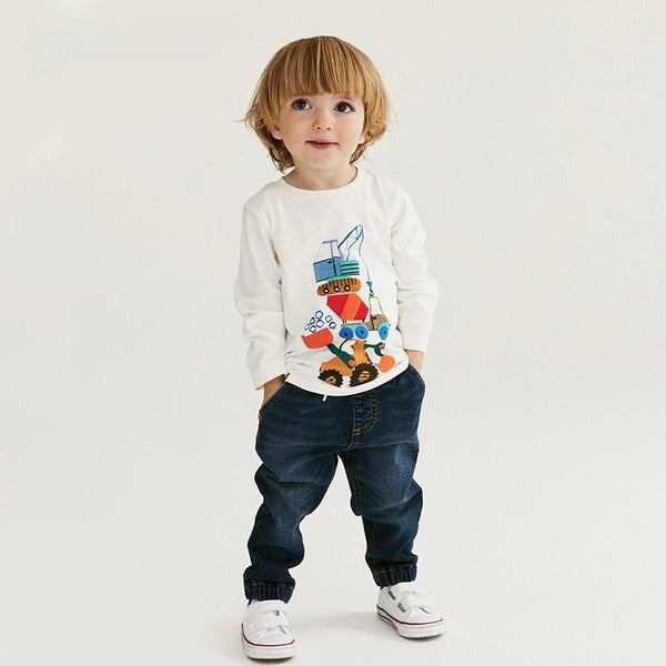 Toddler/Kid Boy Long Sleeve Cartoon Truck Print Design White T-Shirt