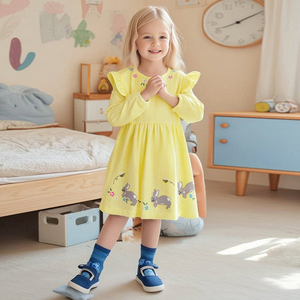 Toddler/Kid Girl Long Sleeve Rabbits with Bees Embroidery Design Dress