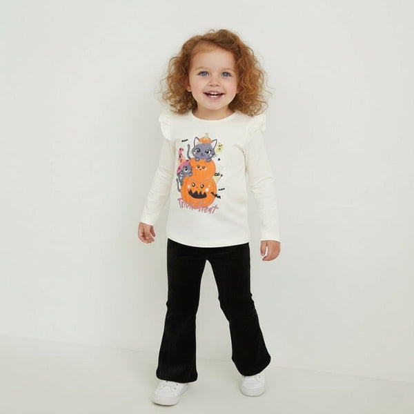 Toddler/Kid Girl's Long Sleeve Cartoon Kitty and Pumpkin Print Design T-shirt