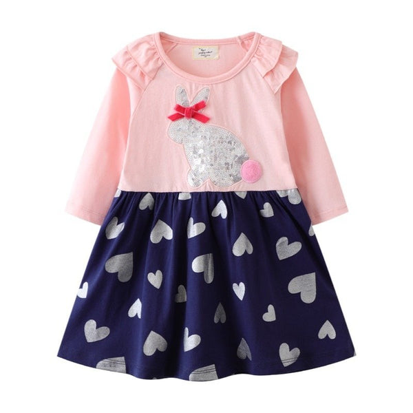 Toddler/Kid Girl's Bunny Sequence and Heart Prints Long Sleeve Dress