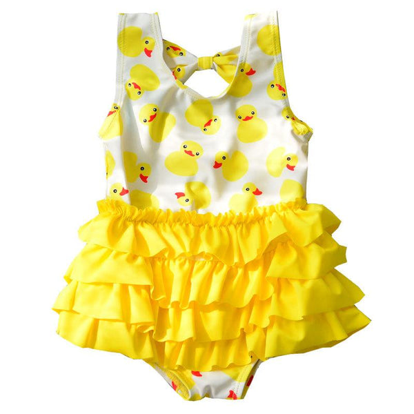 Yellow Duck Print Swimwear with Hat for Girls