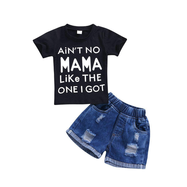 Baby Boy's Letter Print Top and Denim Shorts Set