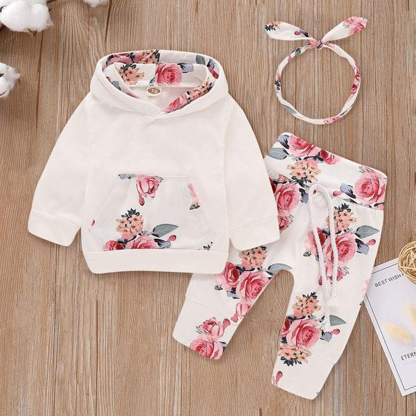 Floral Long-sleeve Hoodie, Pants and Headband Set