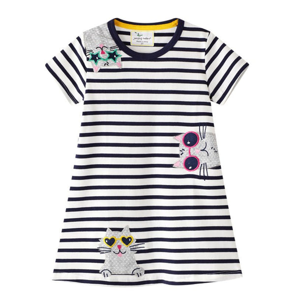 Toddler/Kid Girl's Short Sleeve Cat Design Black And White Striped Dress