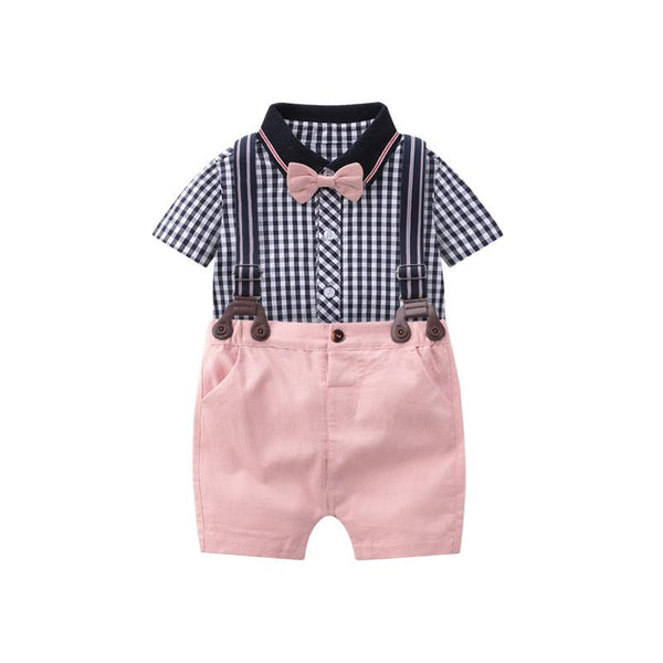 Baby Boy's Plaid Short Sleeve Onesie + Pink Shorts Gentleman Suit