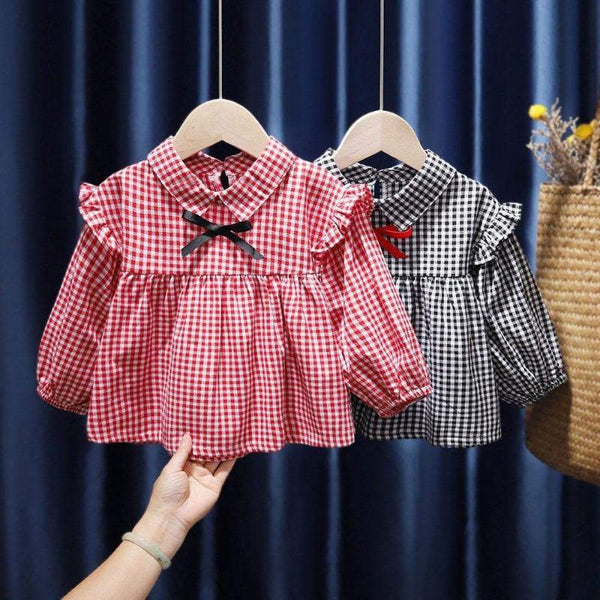 Toddler/Kid Girl's Checkered Print with Bow Long Sleeve Dress Shirt