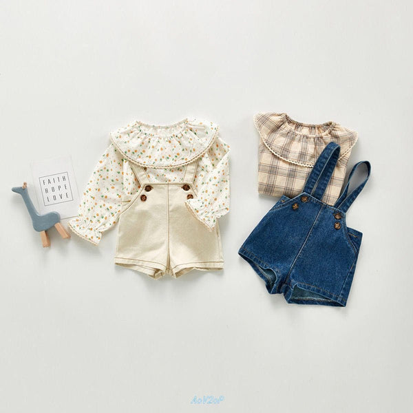 Baby Girl's Floral/Checkered Dress Shirt + Overall Jean Shorts Set