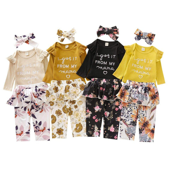 Baby Girl Cute Onesie and Floral Pants Sets (4 Colors)