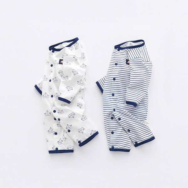 Baby Boy Stripes/Boats Print Buttons Jumpsuit