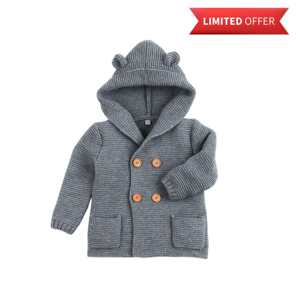 Baby Boy Knit Button-Up Sweater with Bear Ears Hoodie (4 Colors)