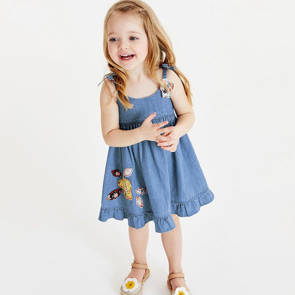 Toddler/Kid Girl's Denim Sleeveless Floral Design Dress