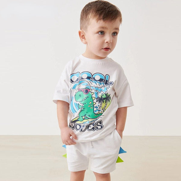 Toddler/Kid Boy's Dinosaur Print Design White T-shirt with Shorts Set
