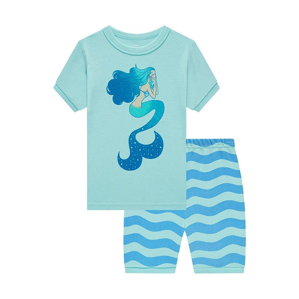 Toddler Girl's Blue Mermaid Print Short Sleeve Pajama Set