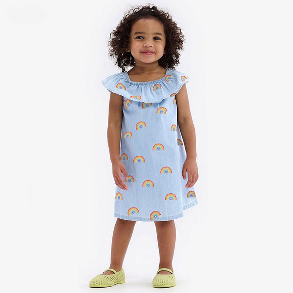 Toddler/Kid Girl's Playful Rainbow Print Design Blue Dress for Summer