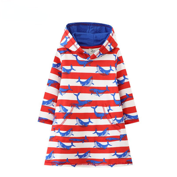 Toddler/Kid Girl Whales/Stripes Print Hooded Long Sleeve Dress