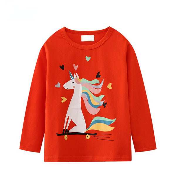 Toddler/Kid Girl's Long Sleeve Unicorn Print Design Red T-shirt