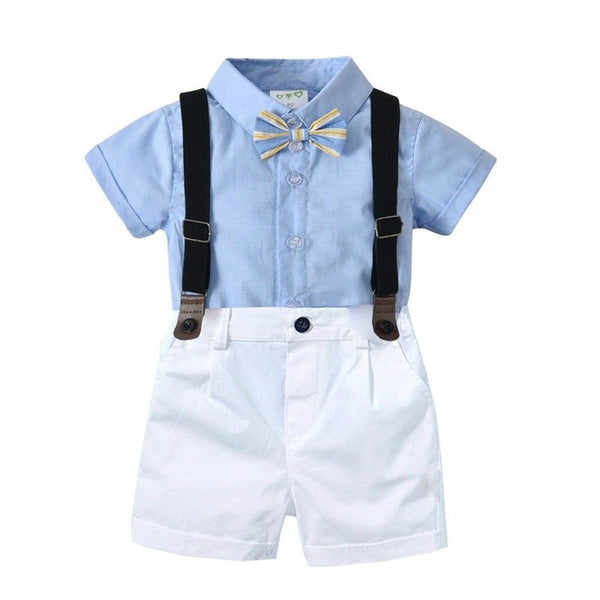 Baby Boy Party Outfits Bow Tie Decor Blue Short-sleeve Shirt and Solid Suspender Shorts Set