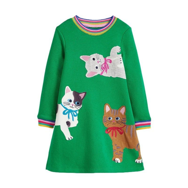 Toddler/Kid Girl's Cats Print Design Green Dress