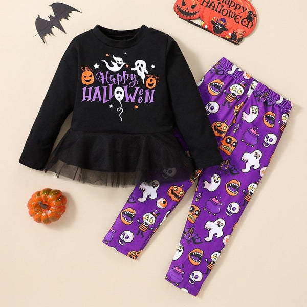 Baby/Toddler Girl's Festive "Happy Halloween" Long Sleeve Shirt and Pants Set