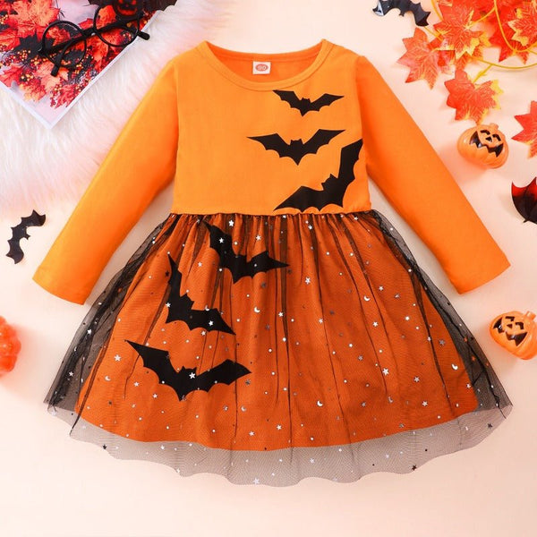 Toddler/Kid Girl Festive Halloween Bats Print Ballerina Long Sleeve Dress