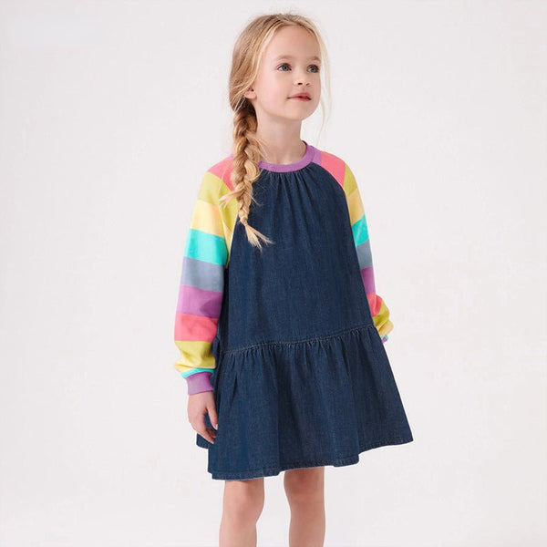 Premium Toddler/Kid Girl's Rainbow Pattern Design Denim Dress