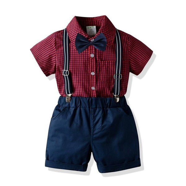 Toddler/Kid Boy's Gentleman Bow Tie Plaid Shirt and Suspender Shorts Set (2 colors)