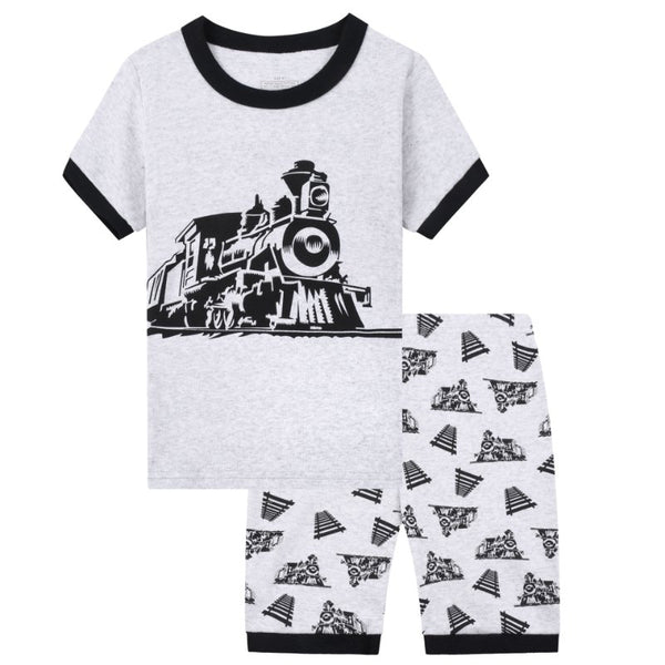 Toddler Boy's Short Sleeve Light Gray Train Print Pajama Set