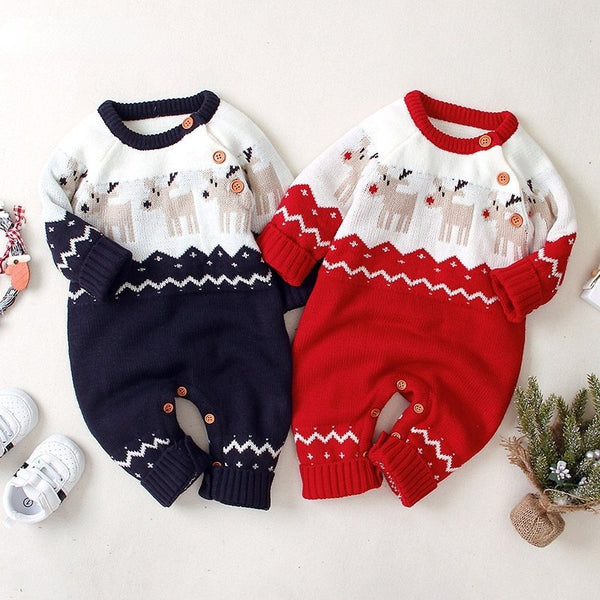 Baby's Solid Knit Long-sleeve Christmas Jumpsuit