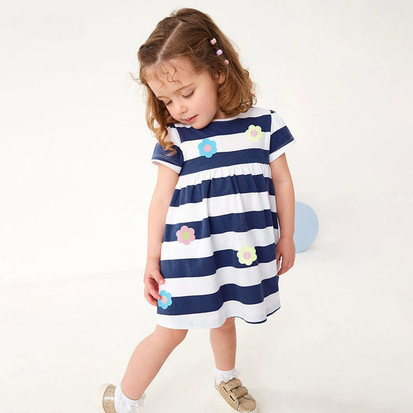 Toddler/Kid Girls Blue and White Striped Floral Print Design Dress